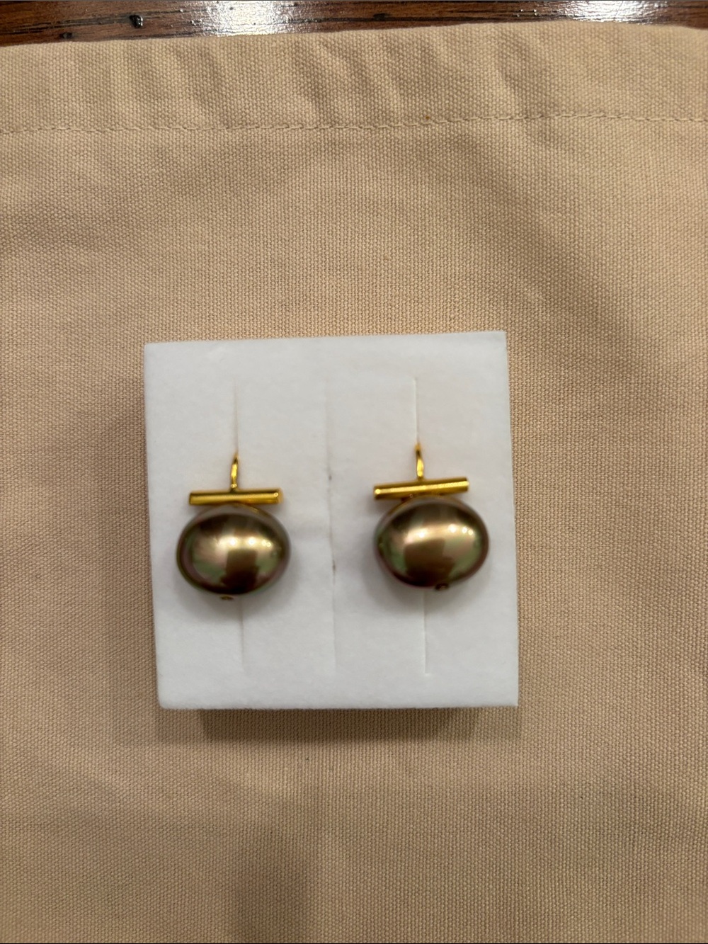 Gold Bar Drop Earrings with Iridescent Olive Pearls